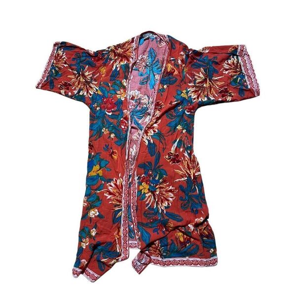 Flying Tomato Orange Floral Rayon Cover-Up Kimono Duster Size S - Picture 1 of 5